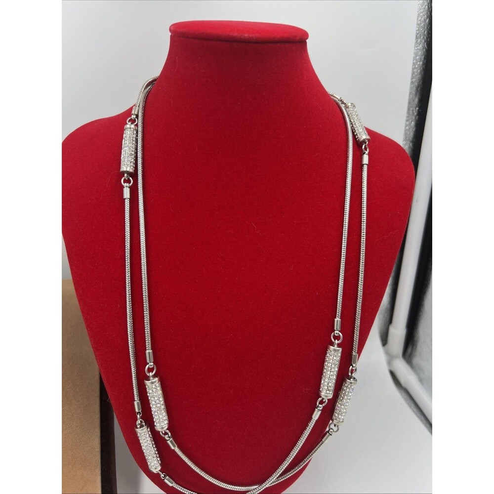 MICHAEL KORS SILVER TONE LONG Rhinestone SNAKE PAVE NECKLACE Runway 48 Inches